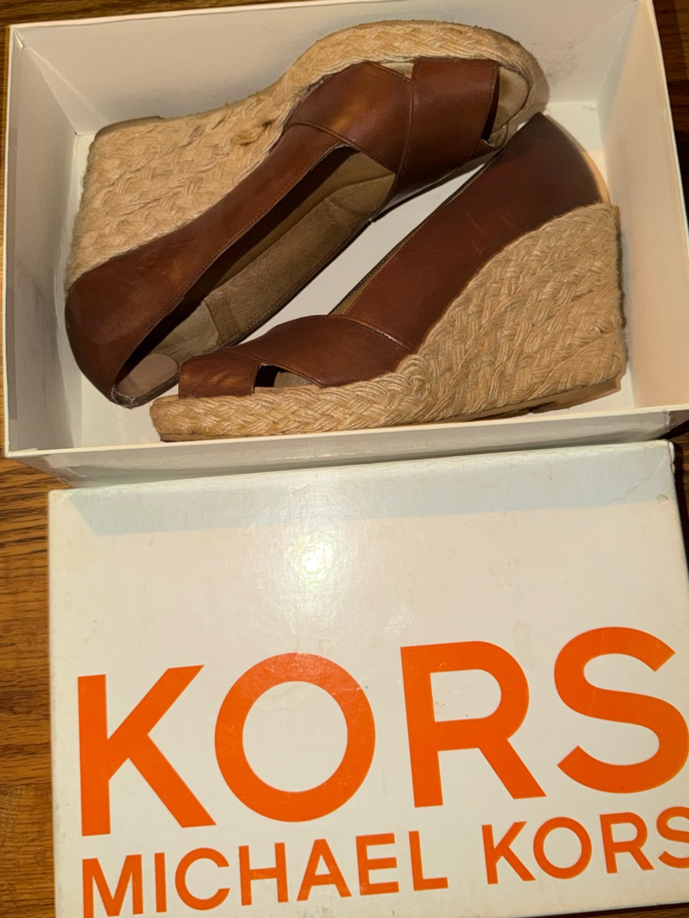 Michael Kors Brown Leather Espadrille Wedge Sandals